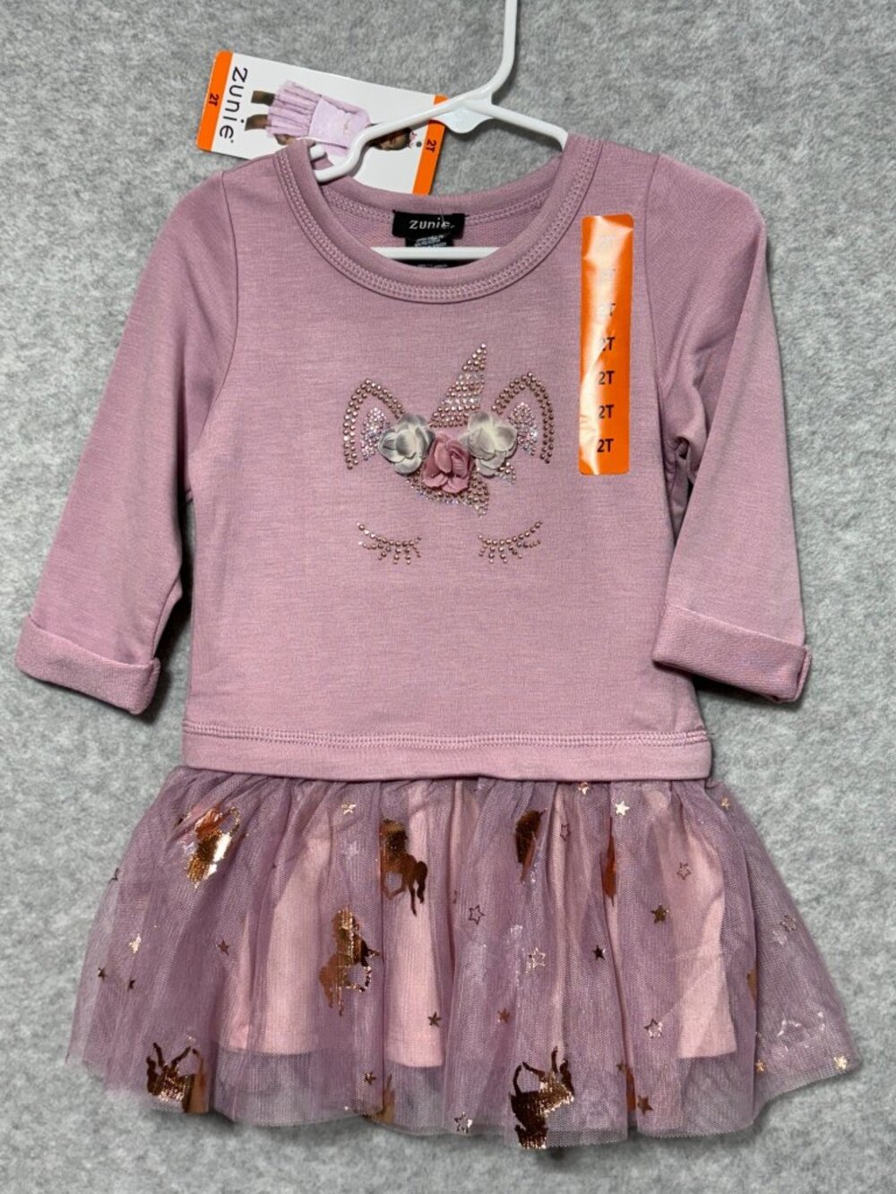Zunie Girls Tutu Dress Size 2T Purple Long Sleeve Dropwaist Unicorn Flowers
